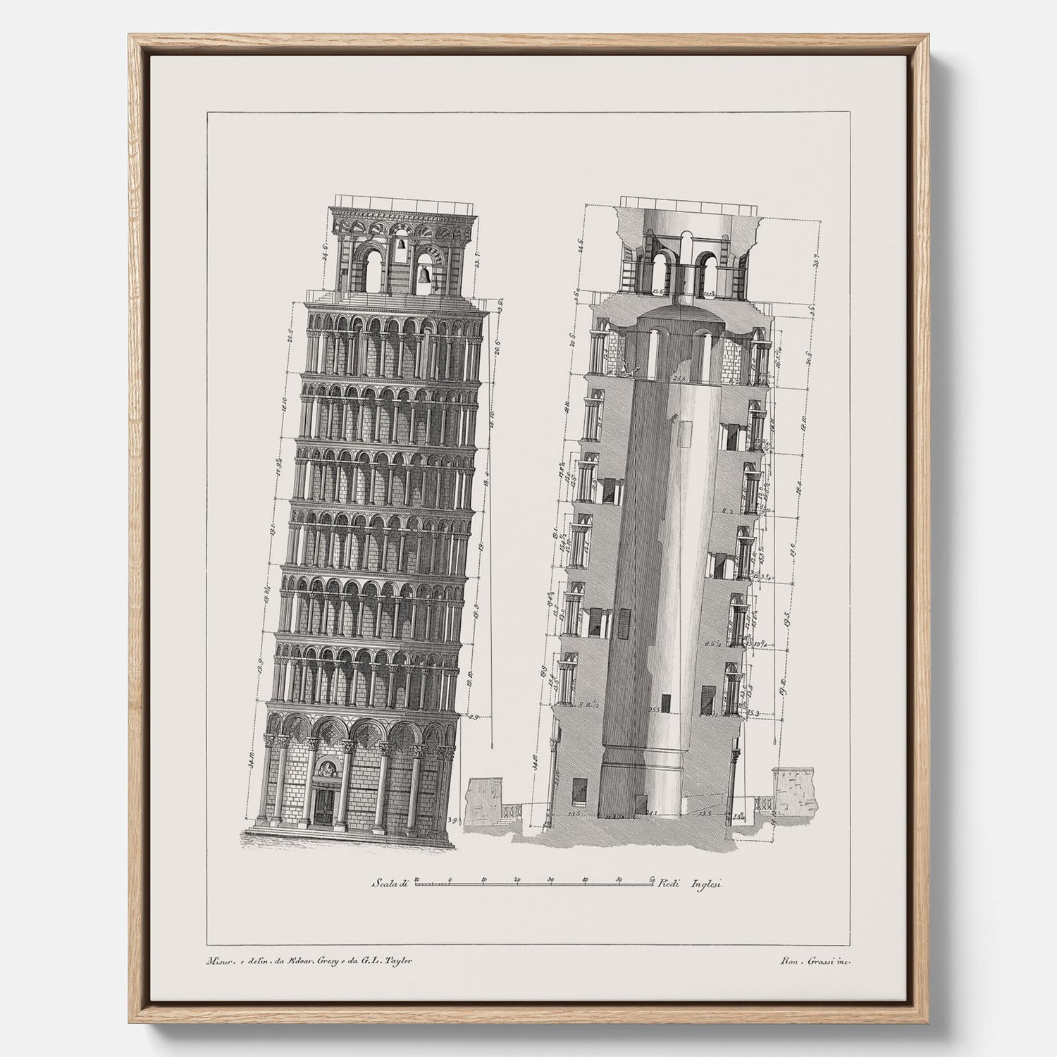 Canvastavla med en vintageposter som visar en illustration av Lutande tornet i Pisa, arkitektritning