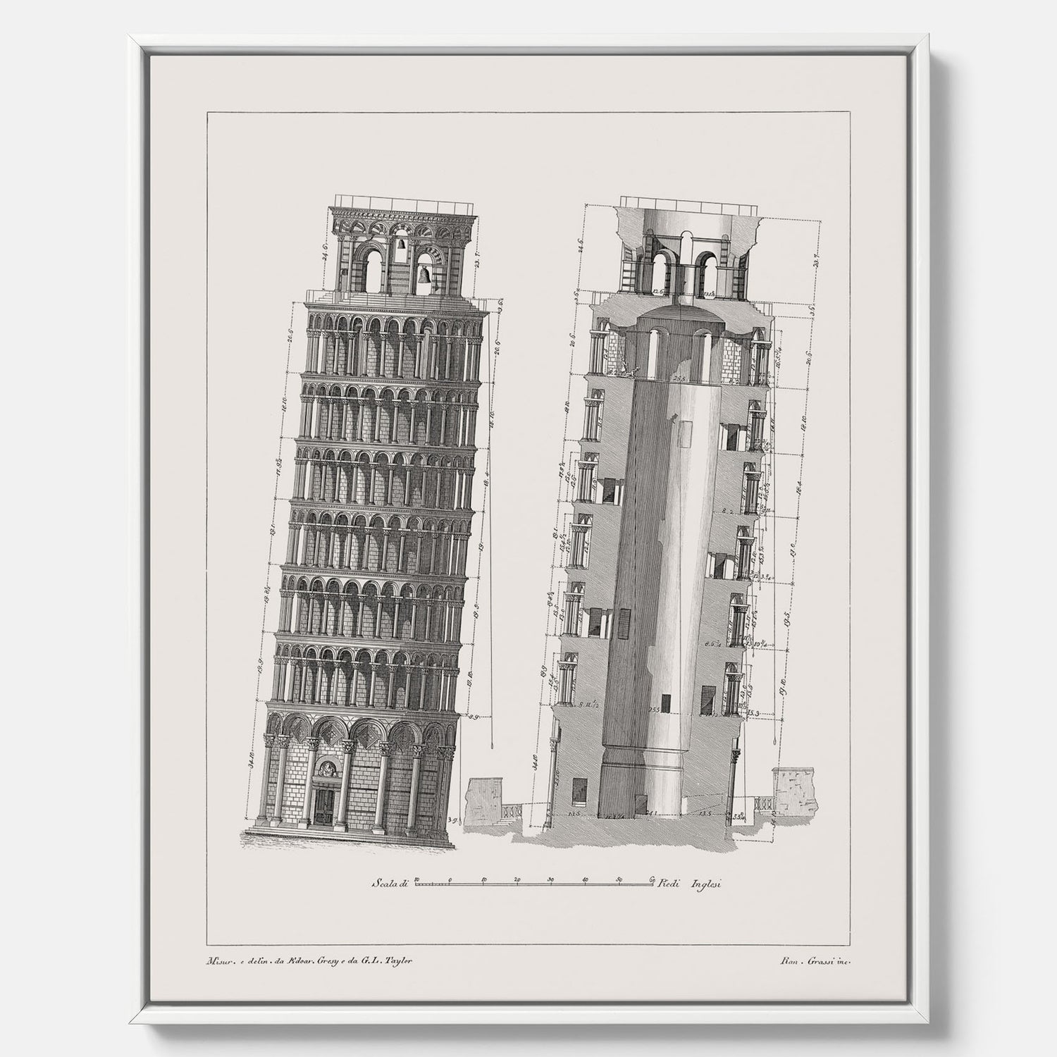 Canvastavla med en vintageposter som visar en illustration av Lutande tornet i Pisa, arkitektritning