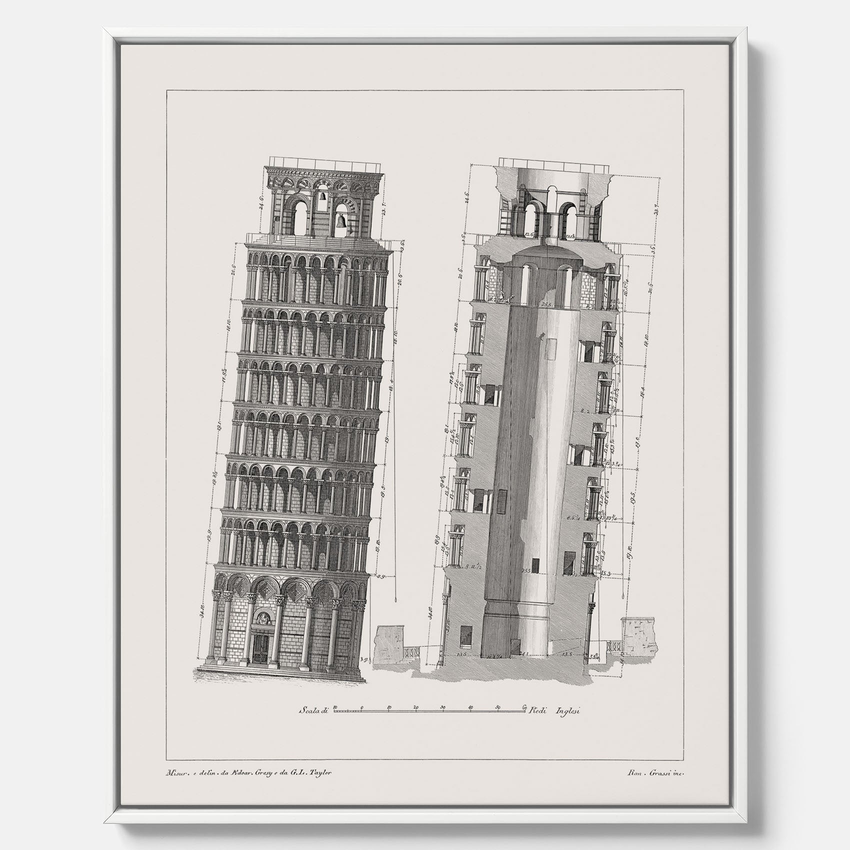 Canvastavla med en vintageposter som visar en illustration av Lutande tornet i Pisa, arkitektritning