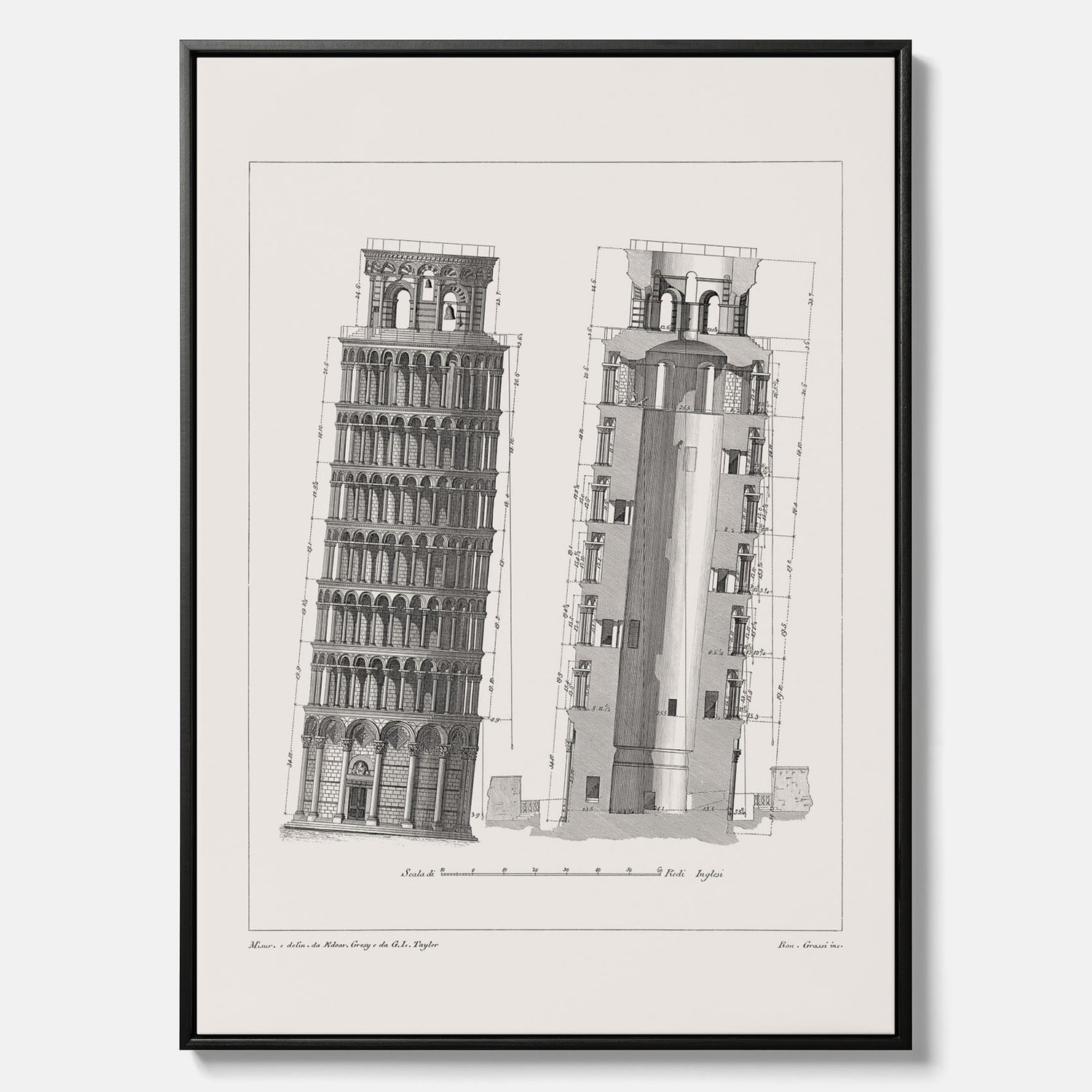 Canvastavla med en vintageposter som visar en illustration av Lutande tornet i Pisa, arkitektritning
