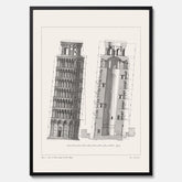 Tavla med en vintageposter som visar en illustration av Lutande tornet i Pisa, arkitektritning