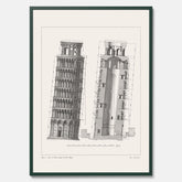 Tavla med en vintageposter som visar en illustration av Lutande tornet i Pisa, arkitektritning
