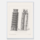 Tavla med en vintageposter som visar en illustration av Lutande tornet i Pisa, arkitektritning