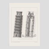 Vintageposter som visar en illustration av Lutande tornet i Pisa, arkitektritning