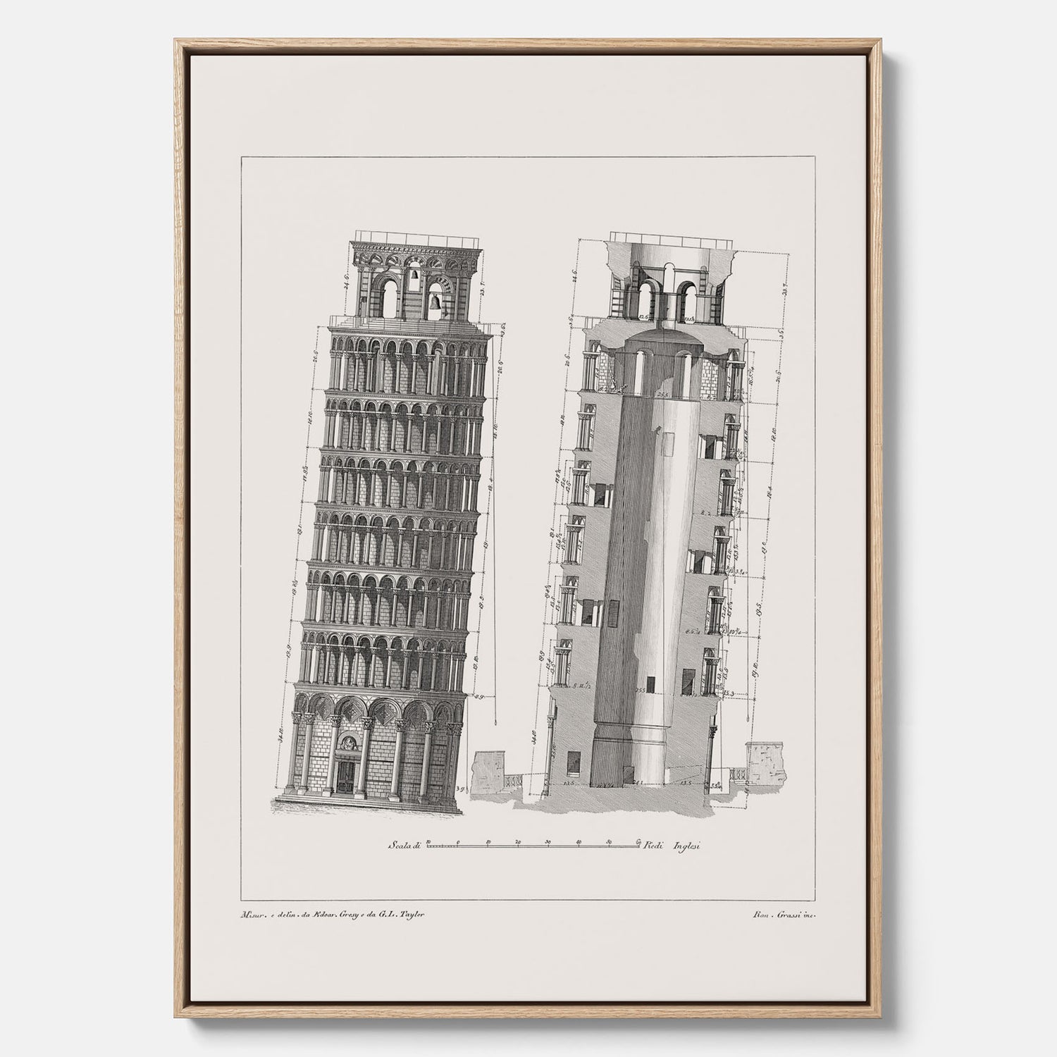 Canvastavla med en vintageposter som visar en illustration av Lutande tornet i Pisa, arkitektritning