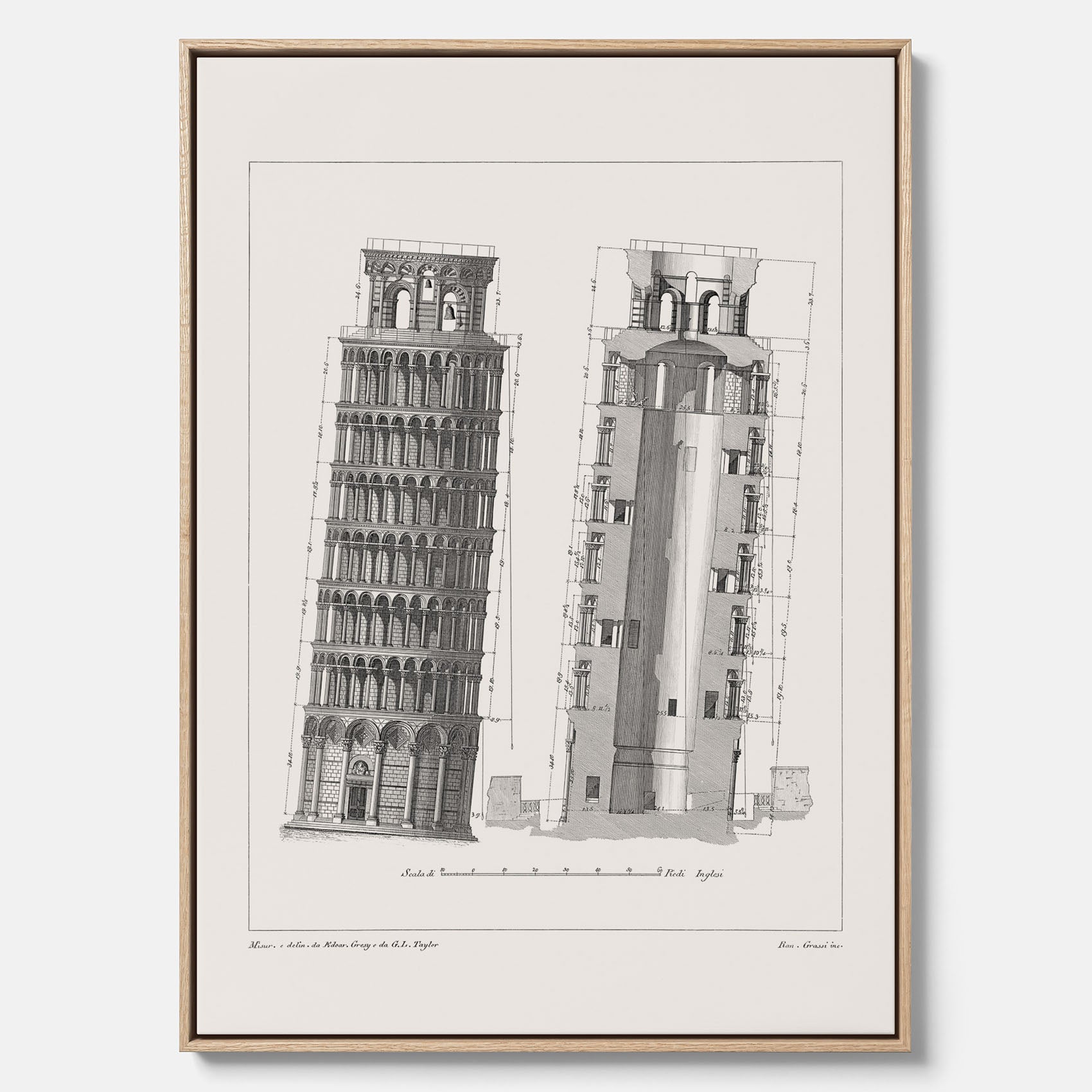 Canvastavla med en vintageposter som visar en illustration av Lutande tornet i Pisa, arkitektritning
