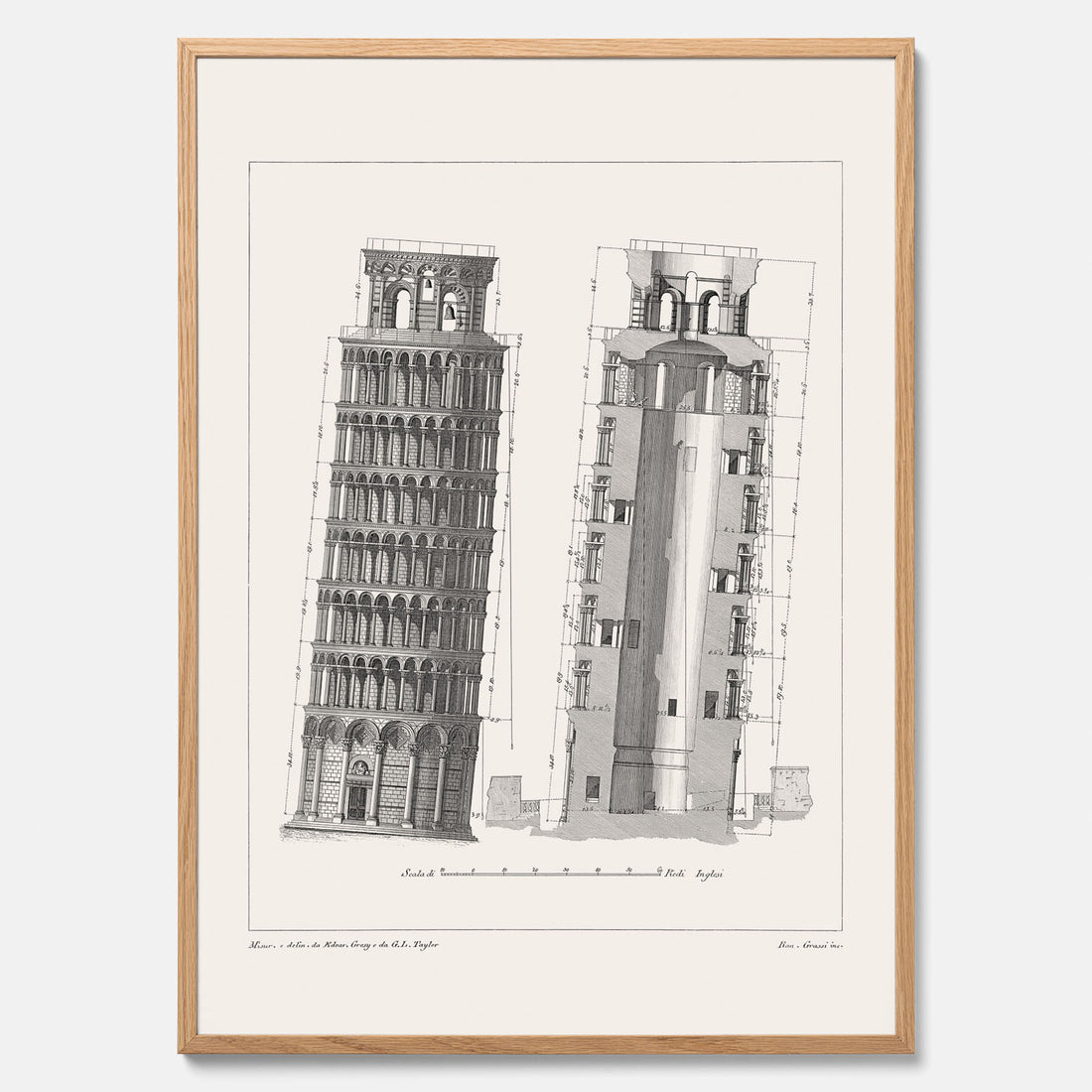 Tavla med en vintageposter som visar en illustration av Lutande tornet i Pisa, arkitektritning