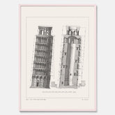 Tavla med en vintageposter som visar en illustration av Lutande tornet i Pisa, arkitektritning