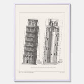 Tavla med en vintageposter som visar en illustration av Lutande tornet i Pisa, arkitektritning