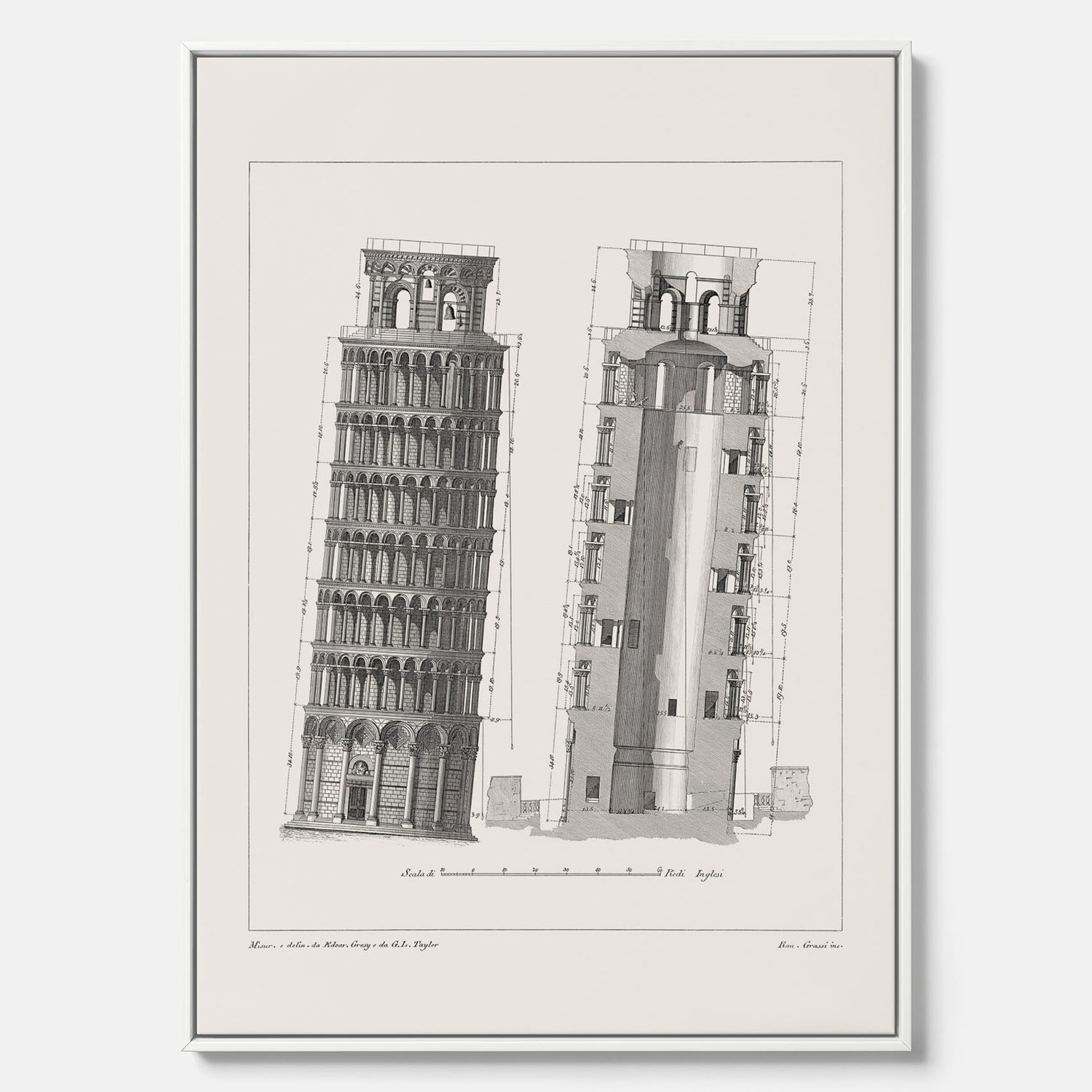 Canvastavla med en vintageposter som visar en illustration av Lutande tornet i Pisa, arkitektritning