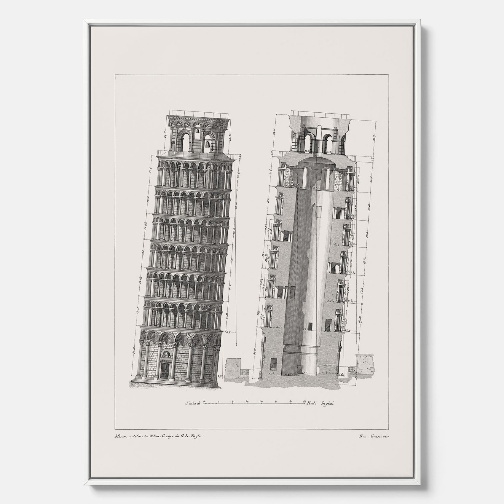 Canvastavla med en vintageposter som visar en illustration av Lutande tornet i Pisa, arkitektritning