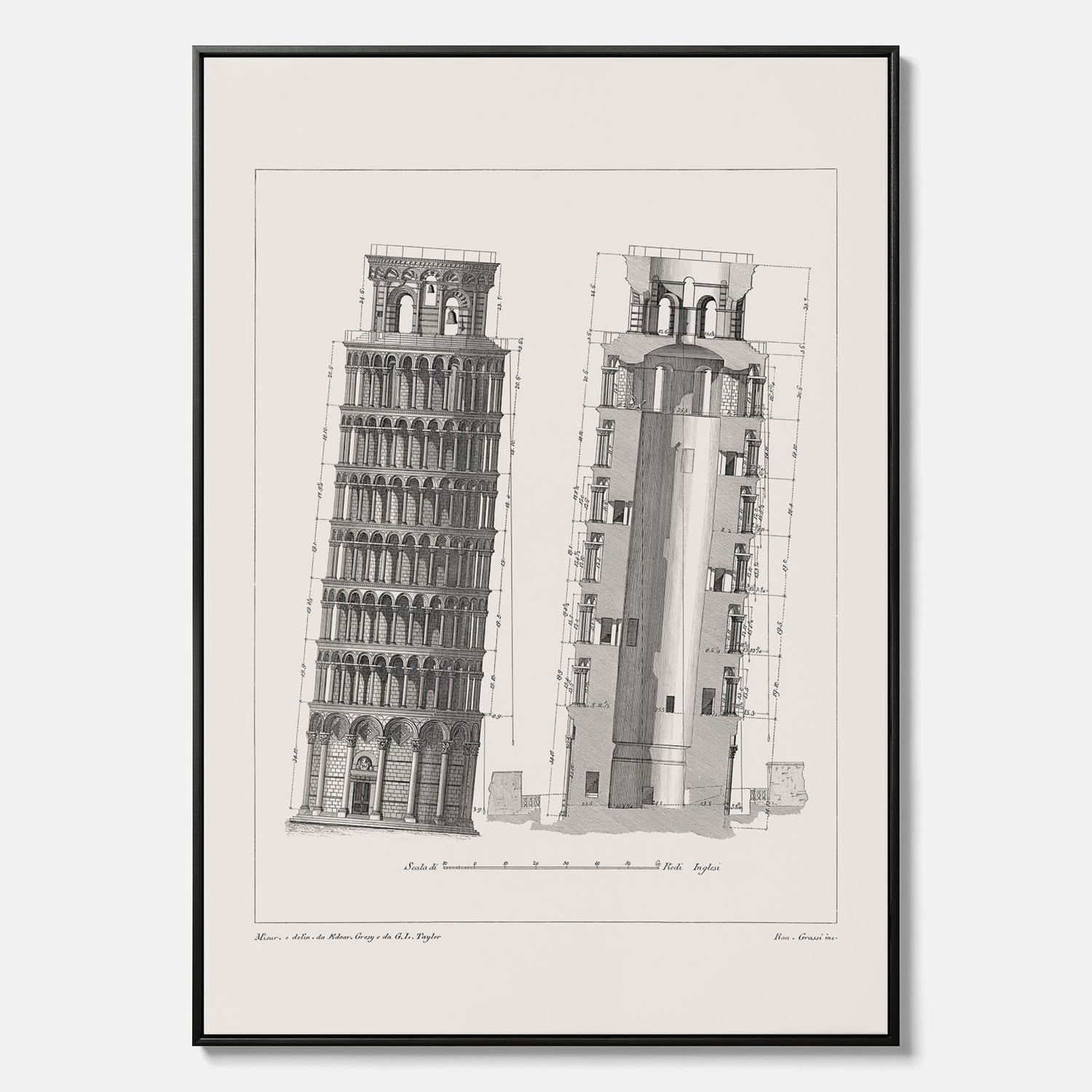 Canvastavla med en vintageposter som visar en illustration av Lutande tornet i Pisa, arkitektritning