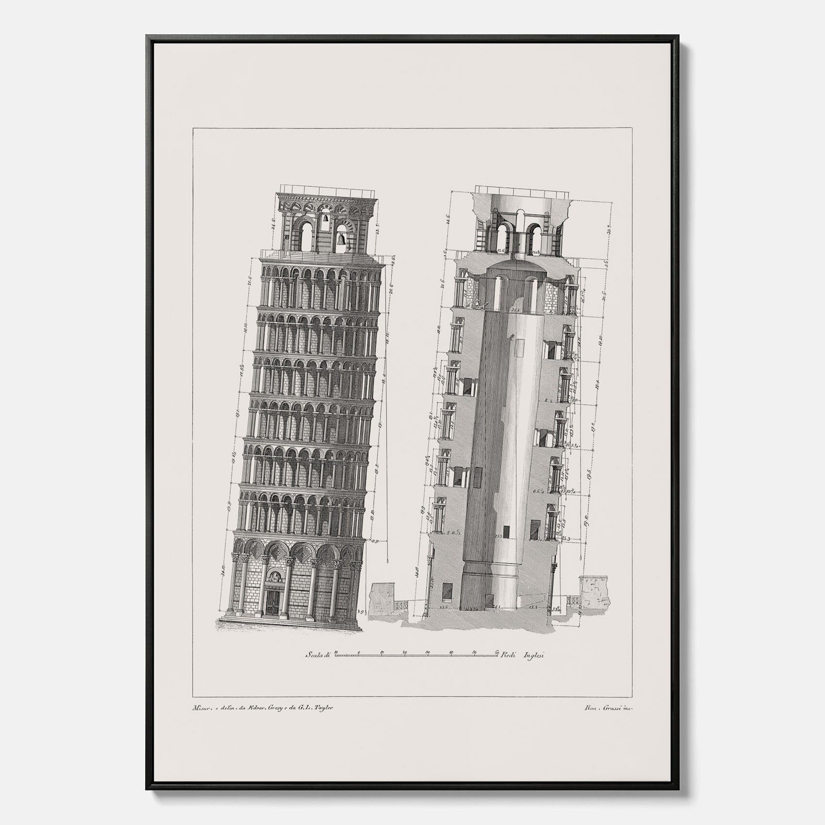 Canvastavla med en vintageposter som visar en illustration av Lutande tornet i Pisa, arkitektritning