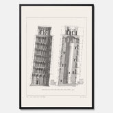 Tavla med en vintageposter som visar en illustration av Lutande tornet i Pisa, arkitektritning