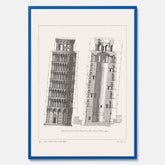 Tavla med en vintageposter som visar en illustration av Lutande tornet i Pisa, arkitektritning