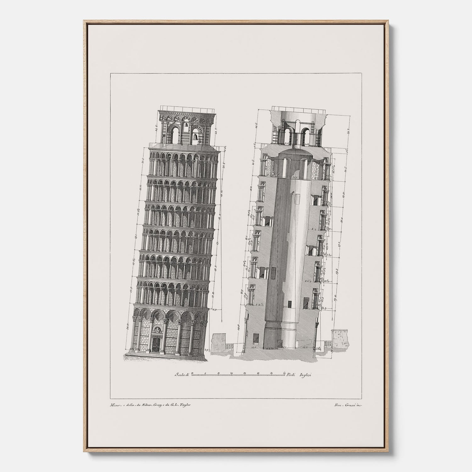 Canvastavla med en vintageposter som visar en illustration av Lutande tornet i Pisa, arkitektritning