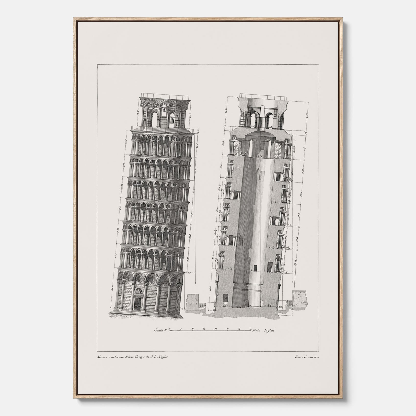 Canvastavla med en vintageposter som visar en illustration av Lutande tornet i Pisa, arkitektritning