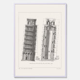 Tavla med en vintageposter som visar en illustration av Lutande tornet i Pisa, arkitektritning