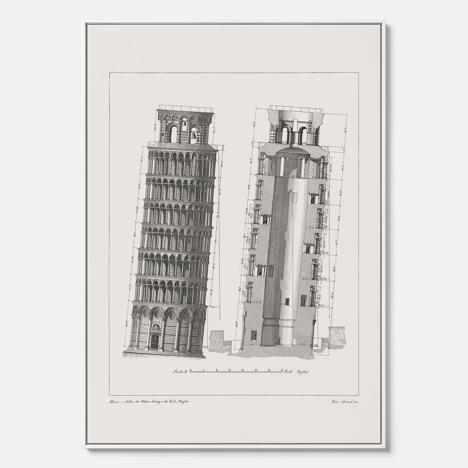Canvastavla med en vintageposter som visar en illustration av Lutande tornet i Pisa, arkitektritning