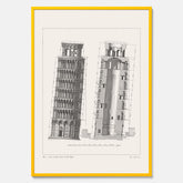 Tavla med en vintageposter som visar en illustration av Lutande tornet i Pisa, arkitektritning