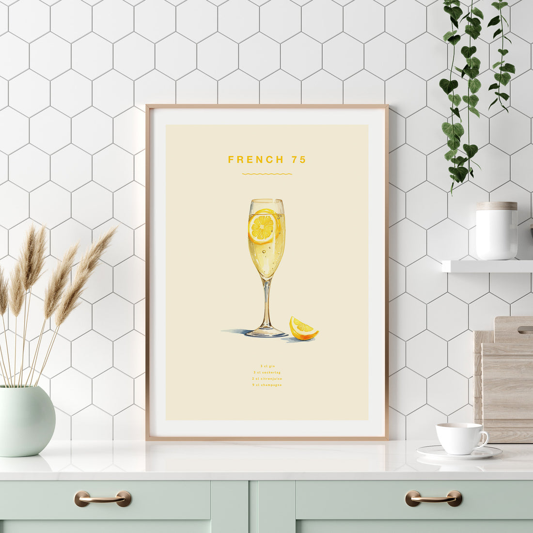 Tavla med French 75 drinkposter, cocktail poster
