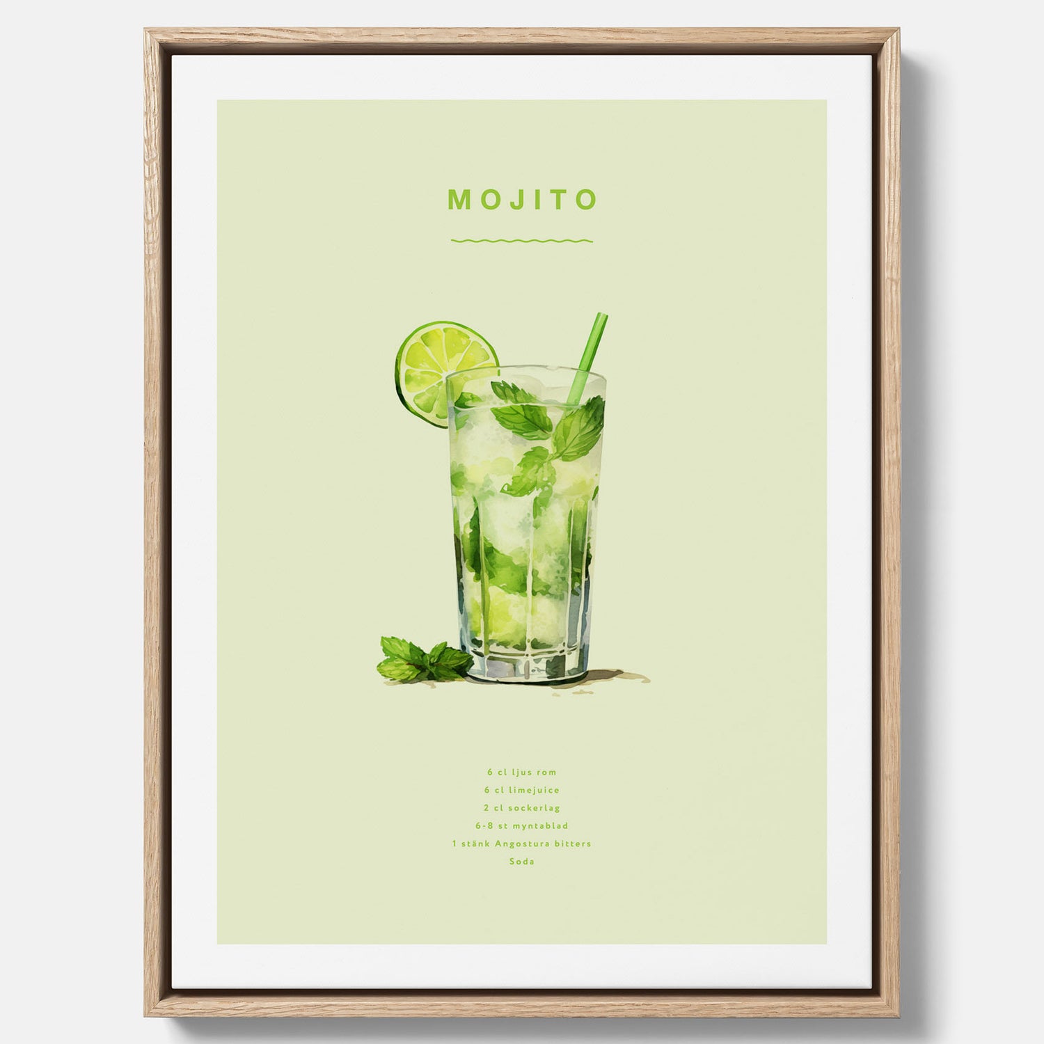 Canvastavla med en Mojito Drink Poster – Affisch med drink, drinkposter med cocktail, Mojito recept poster