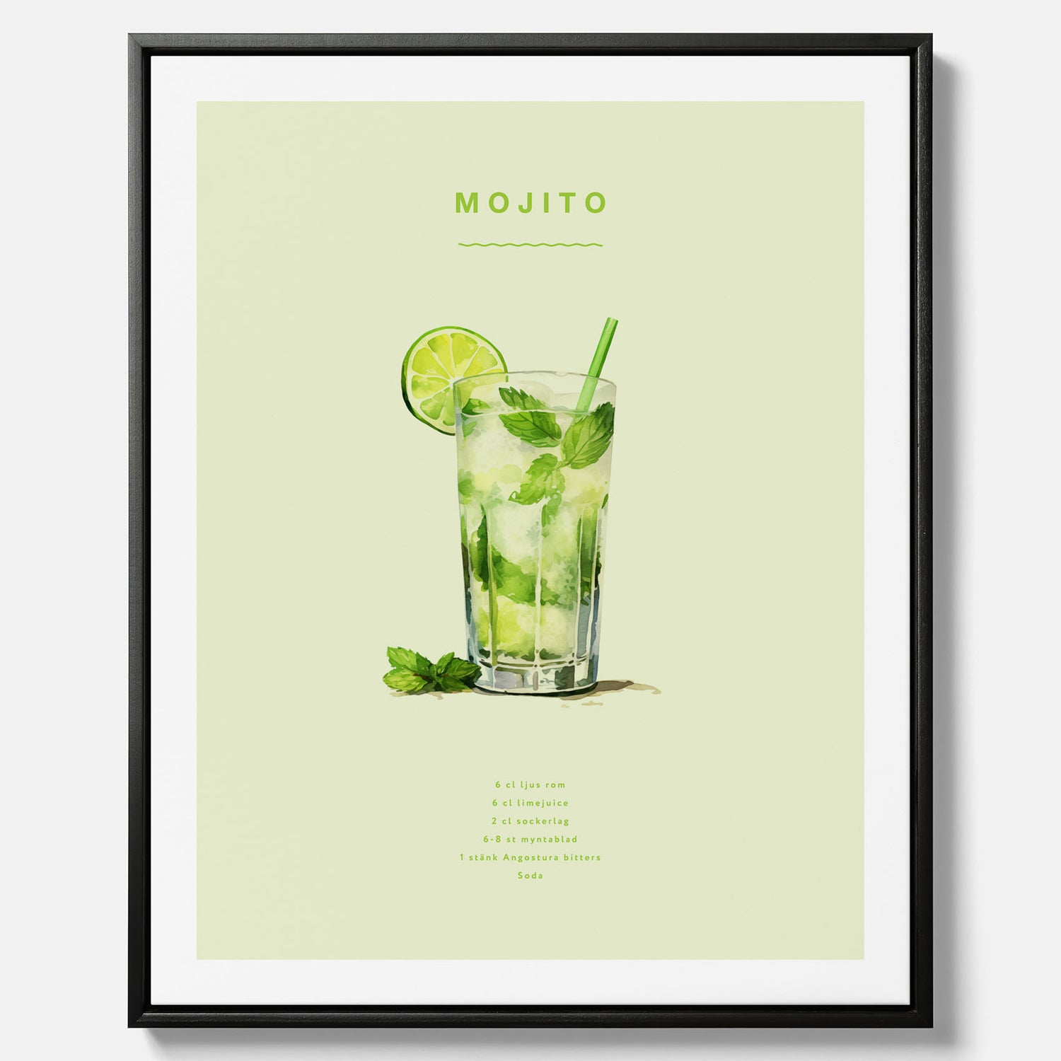 Canvastavla med en Mojito Drink Poster – Affisch med drink, drinkposter med cocktail, Mojito recept poster