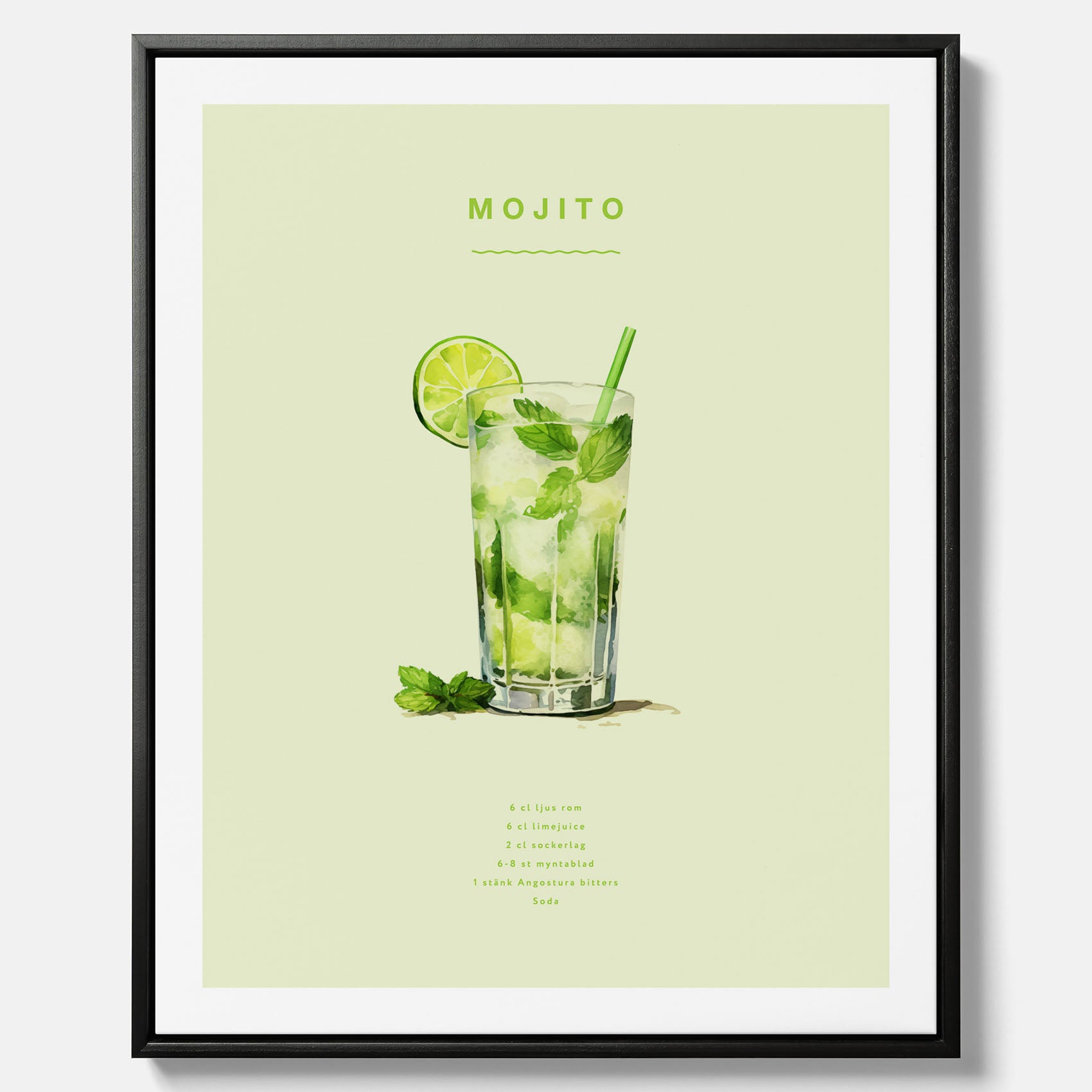 Canvastavla med en Mojito Drink Poster – Affisch med drink, drinkposter med cocktail, Mojito recept poster