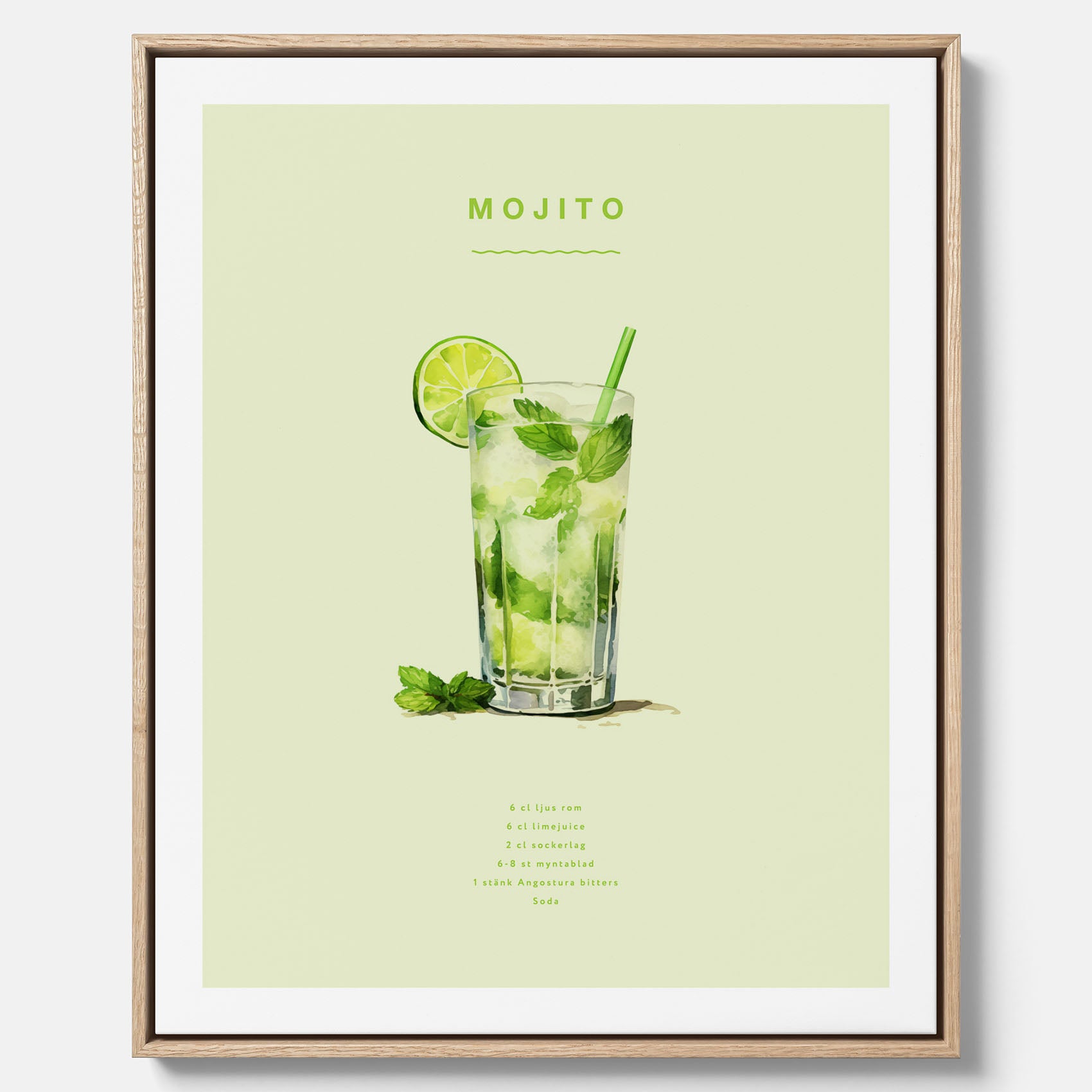 Canvastavla med en Mojito Drink Poster – Affisch med drink, drinkposter med cocktail, Mojito recept poster