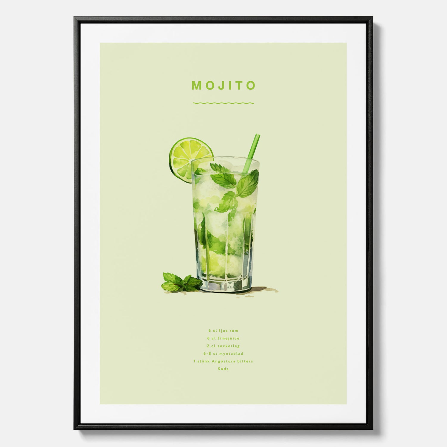 Canvastavla med en Mojito Drink Poster – Affisch med drink, drinkposter med cocktail, Mojito recept poster