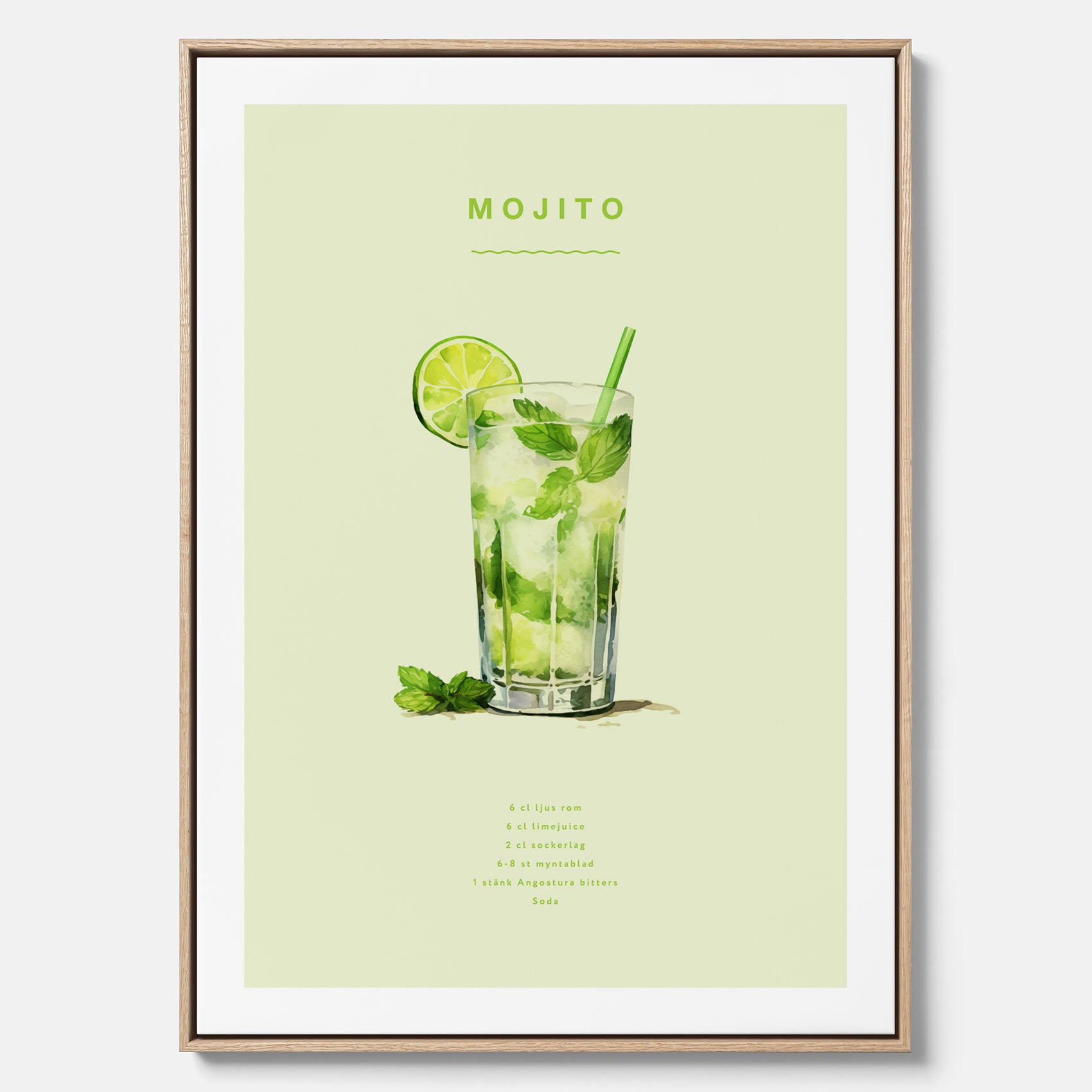 Canvastavla med en Mojito Drink Poster – Affisch med drink, drinkposter med cocktail, Mojito recept poster