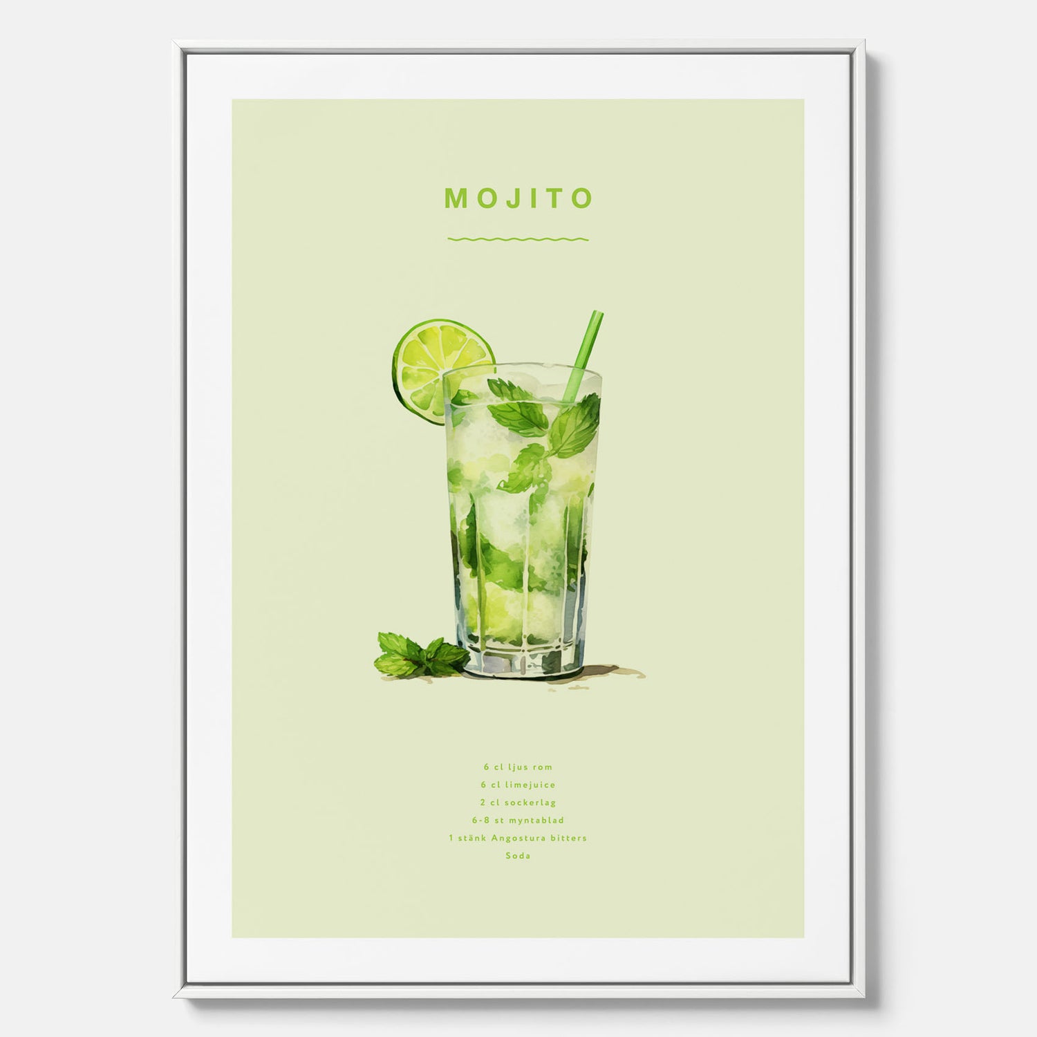 Canvastavla med en Mojito Drink Poster – Affisch med drink, drinkposter med cocktail, Mojito recept poster