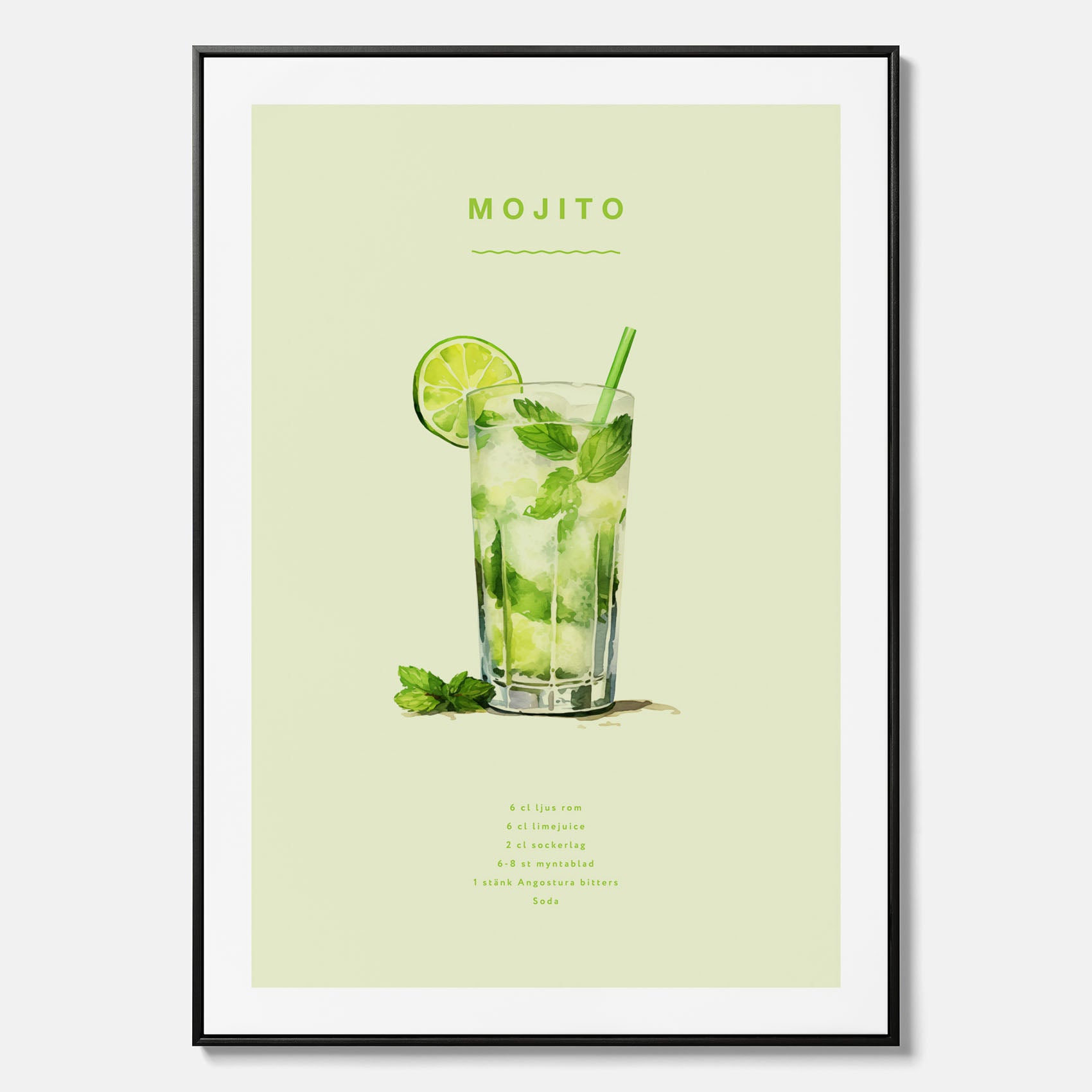 Canvastavla med en Mojito Drink Poster – Affisch med drink, drinkposter med cocktail, Mojito recept poster