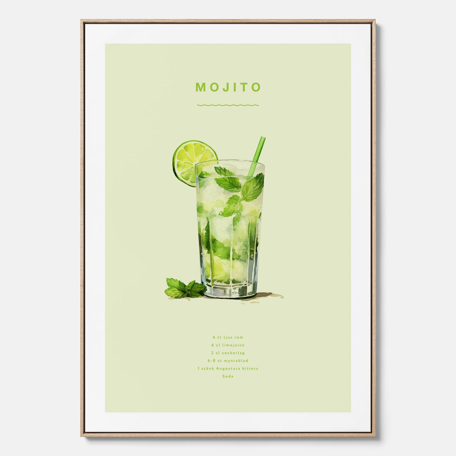 Canvastavla med en Mojito Drink Poster – Affisch med drink, drinkposter med cocktail, Mojito recept poster