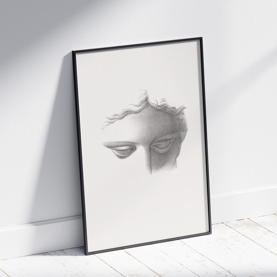 Vintageaffisch med en minimalistisk illustration av statyn Apollo di Belvedere av konstnären James Fuller Queen
