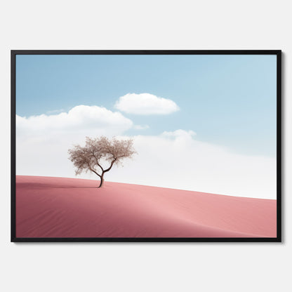 Minimalistisk tavla föreställande ett ensamt träd i en rosa öken