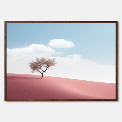 Minimalistisk tavla föreställande ett ensamt träd i en rosa öken