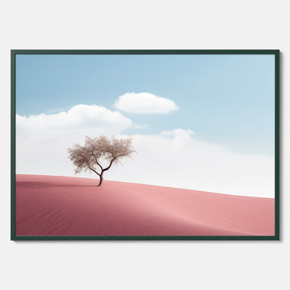 Minimalistisk tavla föreställande ett ensamt träd i en rosa öken