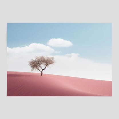 Minimalistisk tavla föreställande ett ensamt träd i en rosa öken