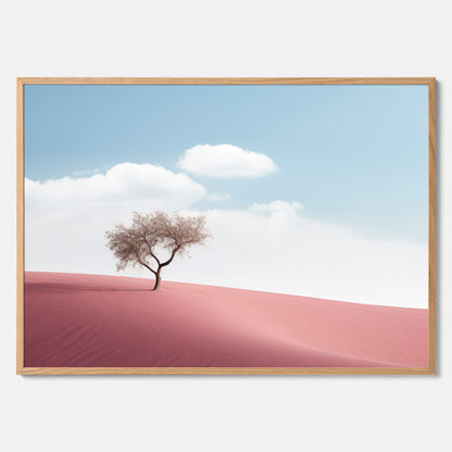 Minimalistisk tavla föreställande ett ensamt träd i en rosa öken