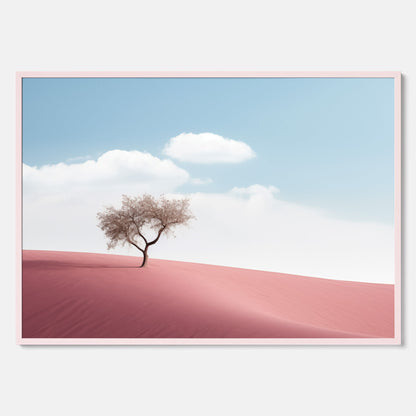 Minimalistisk tavla föreställande ett ensamt träd i en rosa öken
