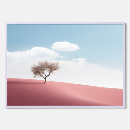 Minimalistisk tavla föreställande ett ensamt träd i en rosa öken