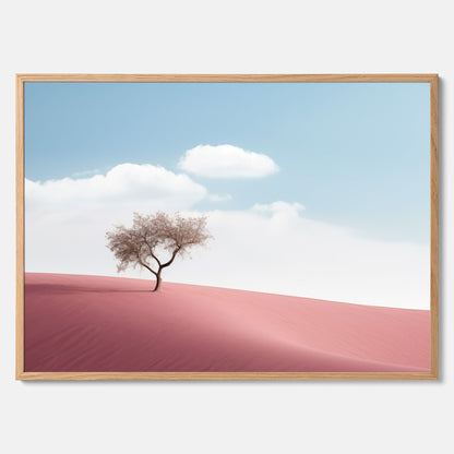 Minimalistisk tavla föreställande ett ensamt träd i en rosa öken