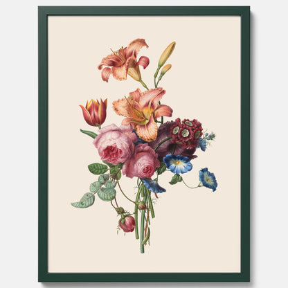Vintageposter som visar en vacker illustration av en bukett blommor som är skapad av konstnären Henriëtte Geertruida Knip