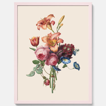 Vintageposter som visar en vacker illustration av en bukett blommor som är skapad av konstnären Henriëtte Geertruida Knip