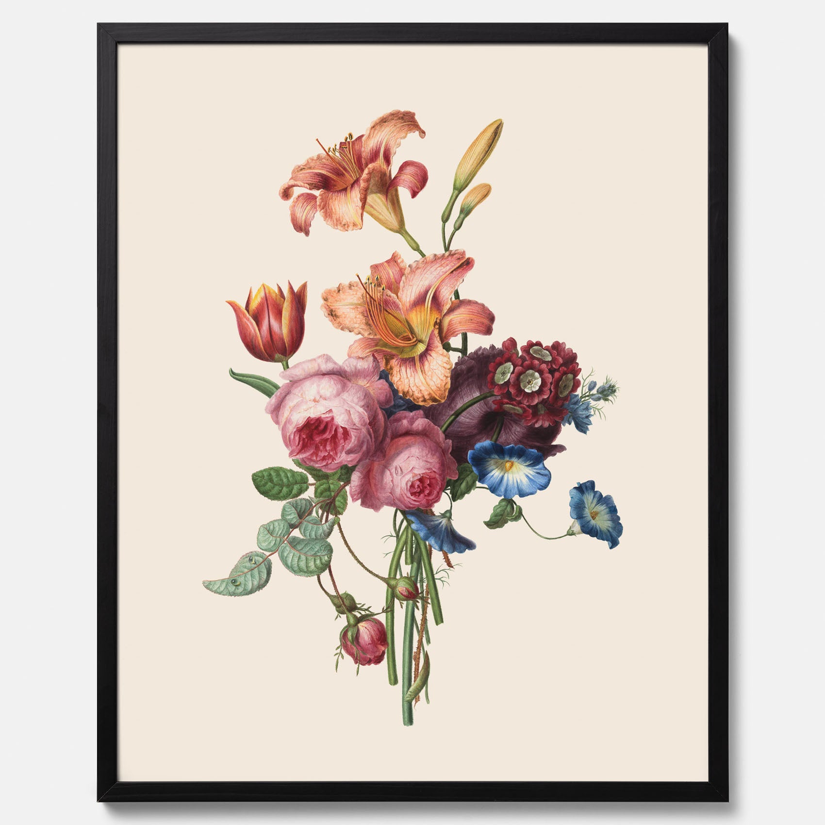 Vintageposter som visar en vacker illustration av en bukett blommor som är skapad av konstnären Henriëtte Geertruida Knip