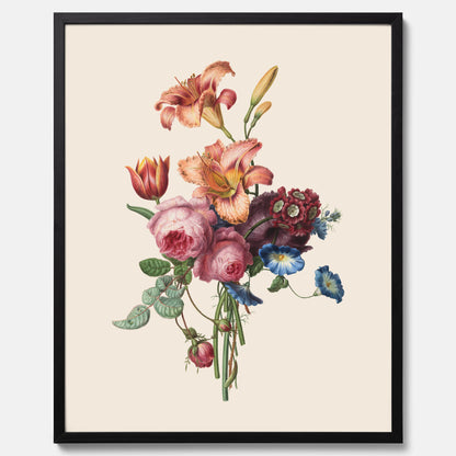 Vintageposter som visar en vacker illustration av en bukett blommor som är skapad av konstnären Henriëtte Geertruida Knip