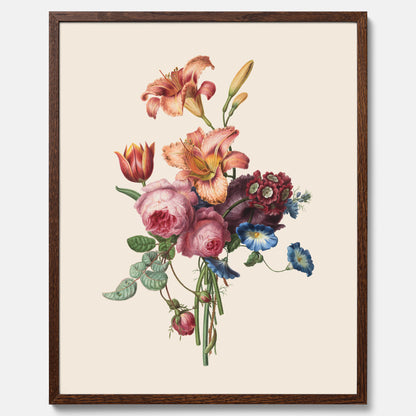 Vintageposter som visar en vacker illustration av en bukett blommor som är skapad av konstnären Henriëtte Geertruida Knip