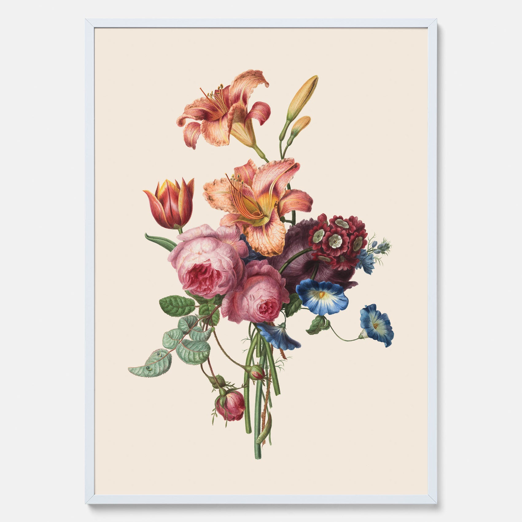 Vintageposter som visar en vacker illustration av en bukett blommor som är skapad av konstnären Henriëtte Geertruida Knip