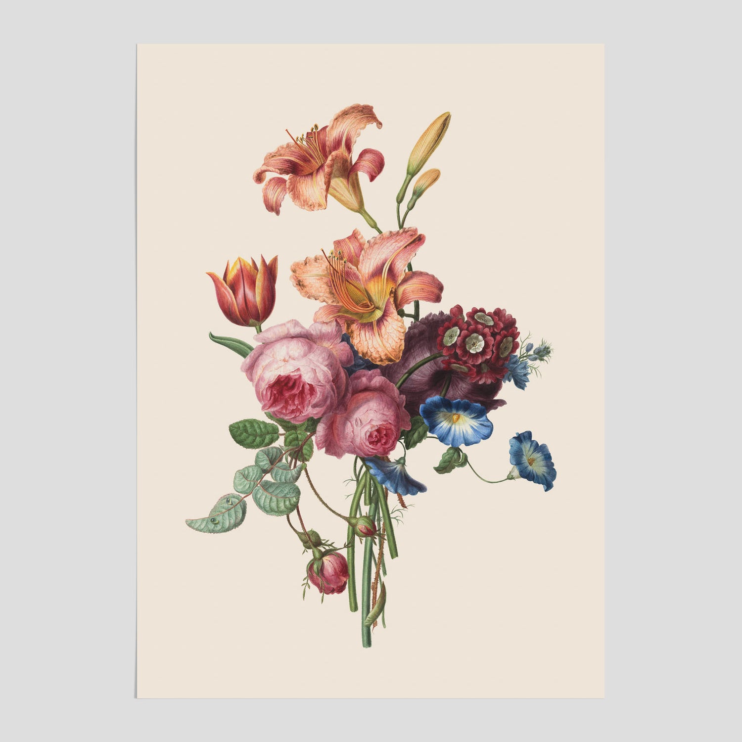 Vintageposter som visar en vacker illustration av en bukett blommor som är skapad av konstnären Henriëtte Geertruida Knip